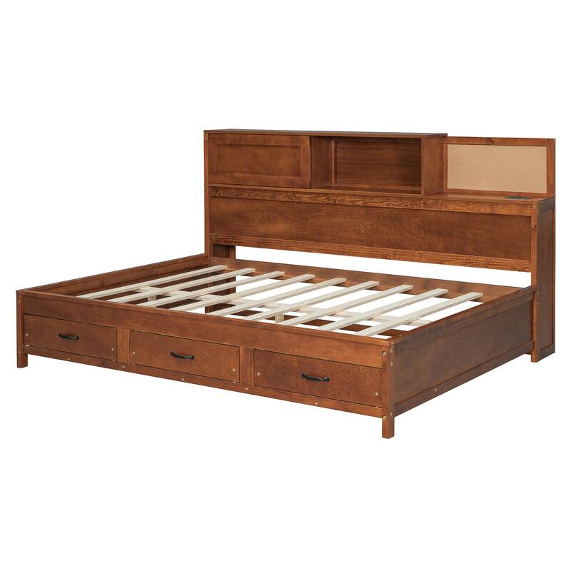 Full Size Wooden Daybed with Storage Drawers, USB Ports, and Shelf in Walnut