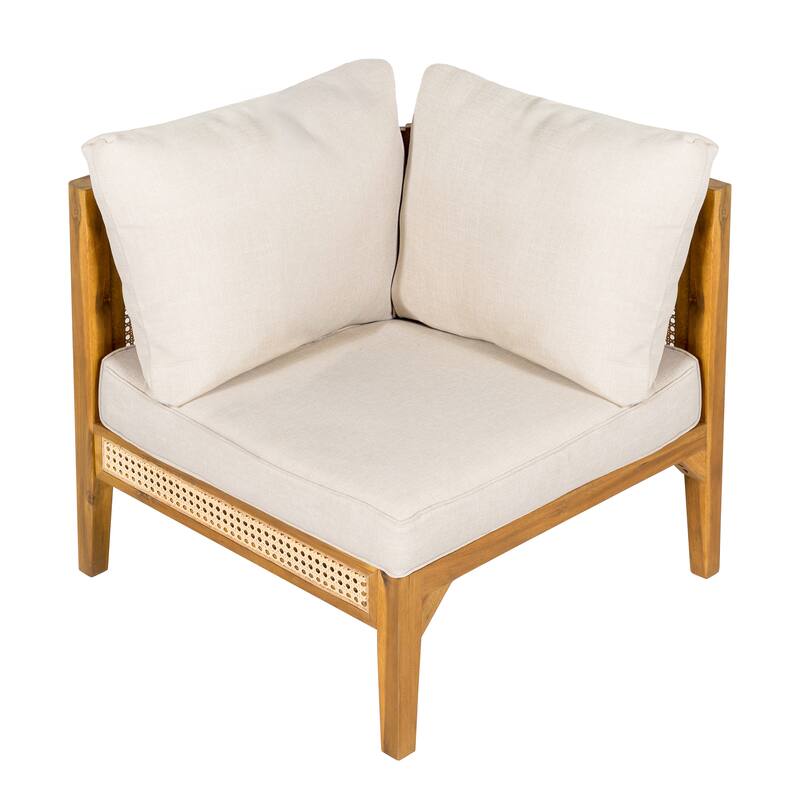 Roomfitters Kirkby Outdoor 5 Seater V-Shaped Acacia Wood Sectional Sofa with Wicker Accents, Teak Finish and Beige Cushions