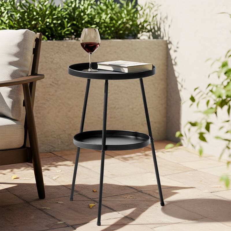 2 Tier Round Patio Small Side Table, Metal Coffee Table for Indoor Outdoor