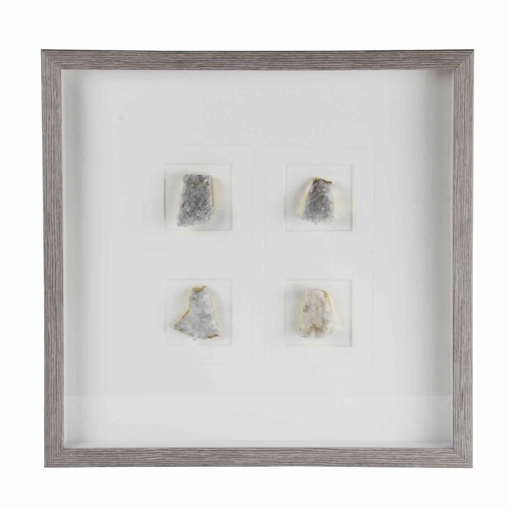 Square Wooden Shadow Box with 4 Quartz Crystals, Brown and Gray