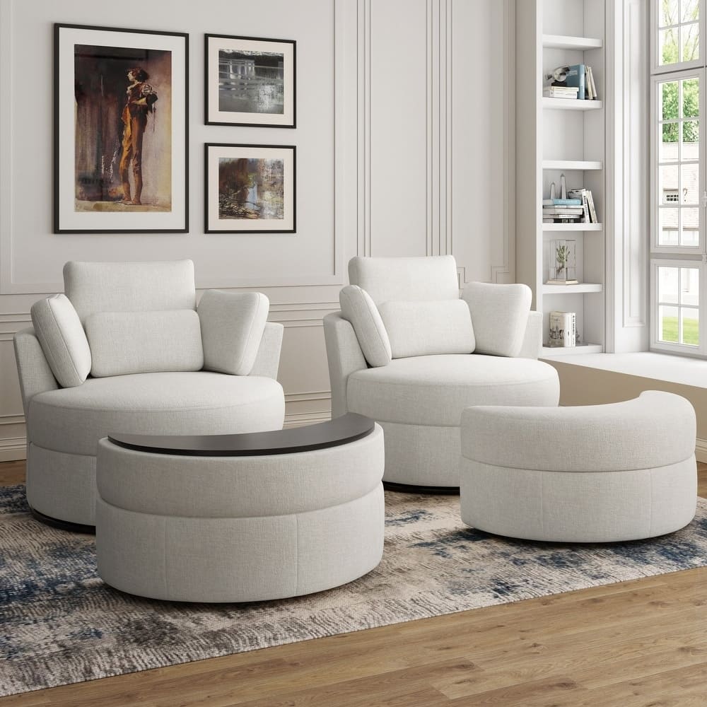 Upholstered Swivel Barrel Armchair with Storage Ottoman (Set of 2)