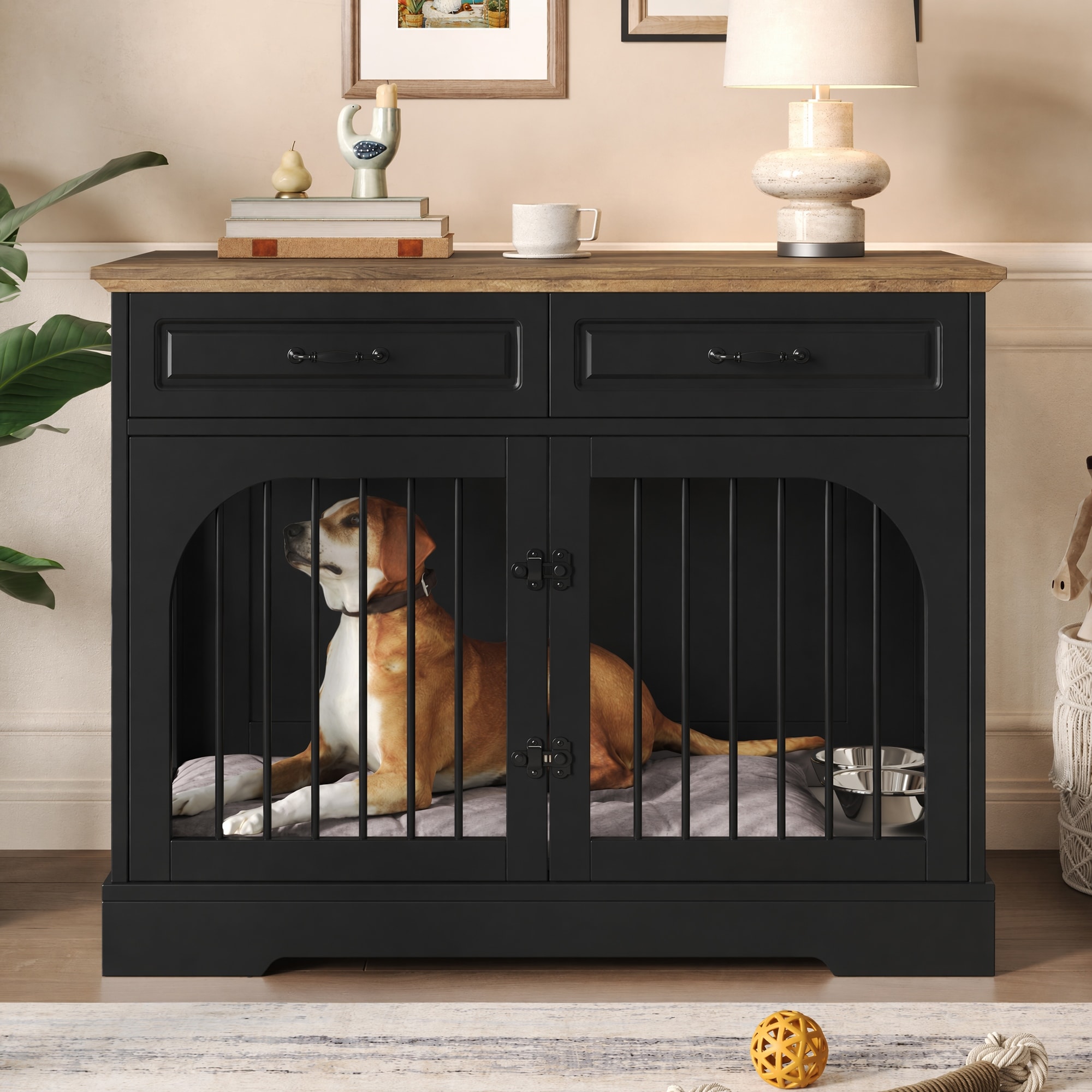 43.3" Farmhouse Dog Crate Furniture, Wooden Dog Kennel with 2 Storage Drawers and Rotating Food Bowls, Secure Metal Bar Crate