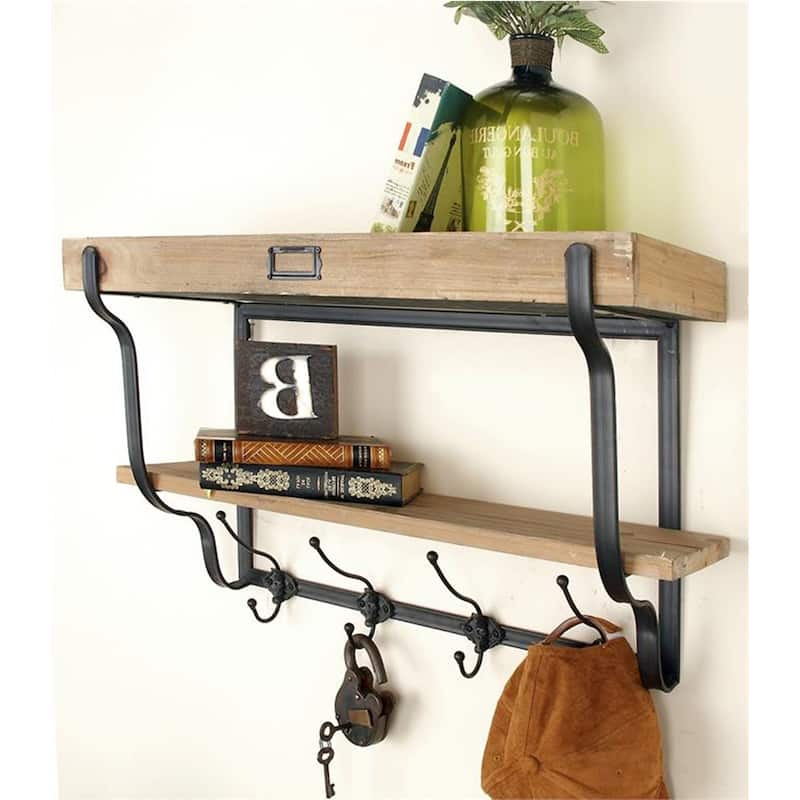 Vintage Appeal Light Brown Wood Farmhouse Wall Shelve with Hooks - Light Brown