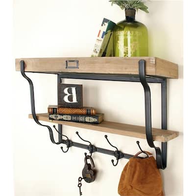 Vintage Appeal Light Brown Wood Farmhouse Wall Shelve with Hooks