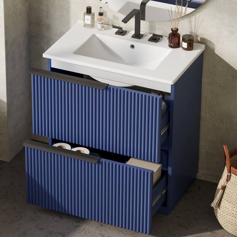 Vertical Grooves Bathroom Cabinet Storage Vanity with Ceramic Sink, Full-Extension Split Drawers and Soft Close Drawer Slides