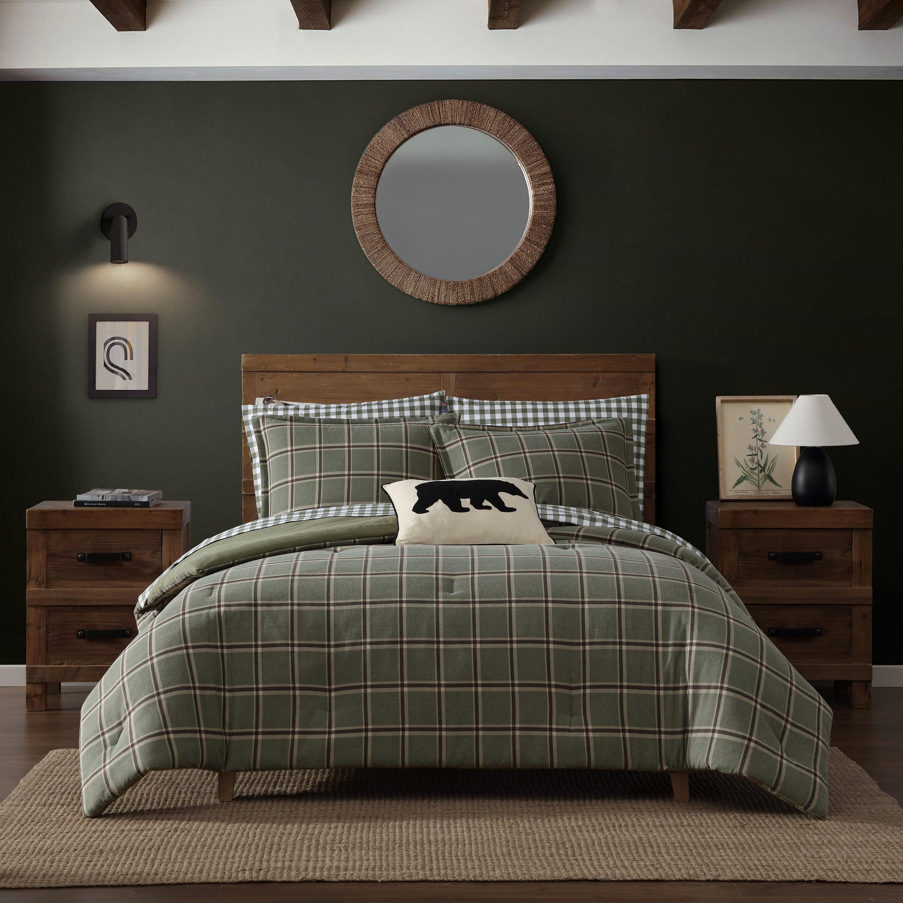Eddie Bauer Alpine Plaid Flannel Cotton Reversible Comforter (Green, 3 Piece Set)