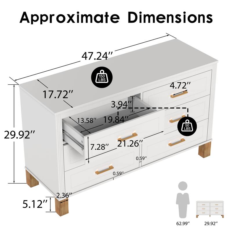 GDFStudio - Olive Haven Modern Wooden 6-Drawer Double Dresser with Solid Wood Legs