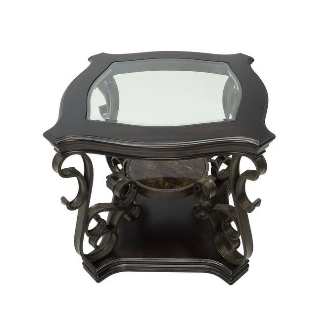 End table, Glass table top, MDF W/marble paper middle shelf, powder