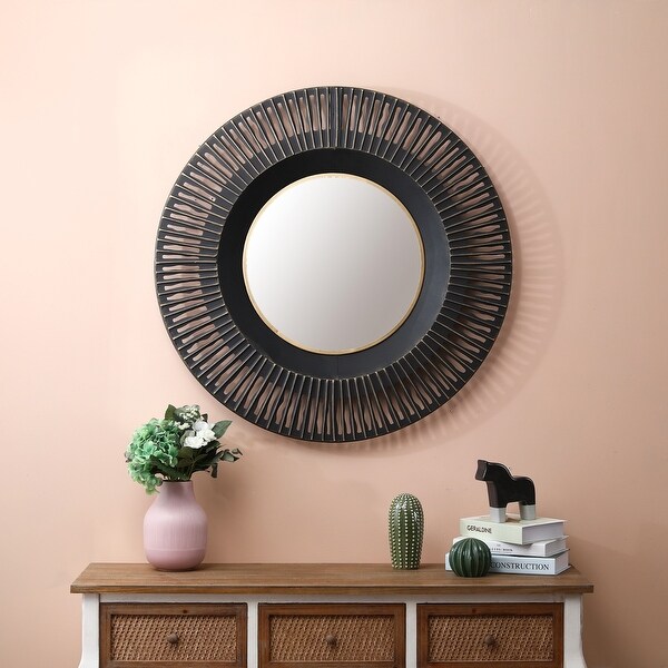 Metal 35in. Dia. Black Wall Mirror. Opens flyout.