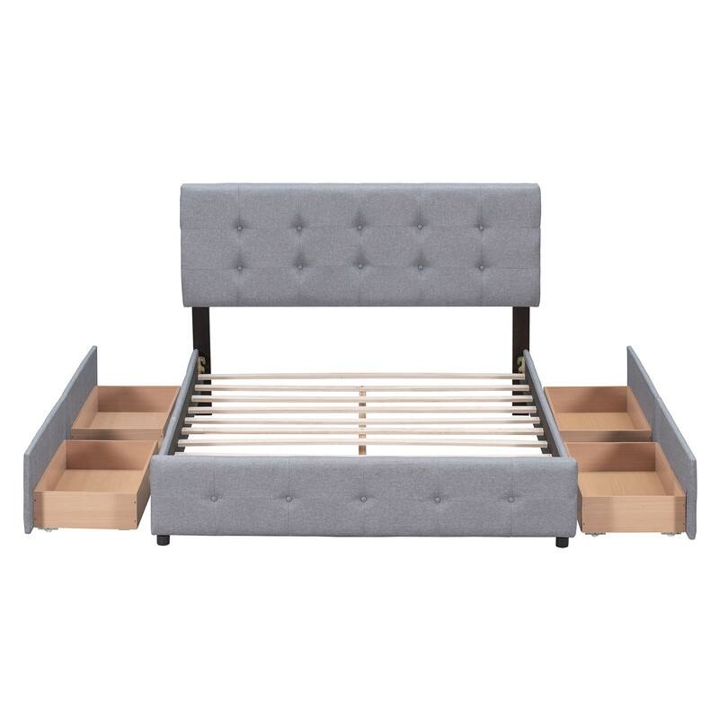 Queen Upholstered Bed Frame with 4 Drawers, Linen Fabric Platform Storage Bed with Classic Headboard and Wooden Slats Support
