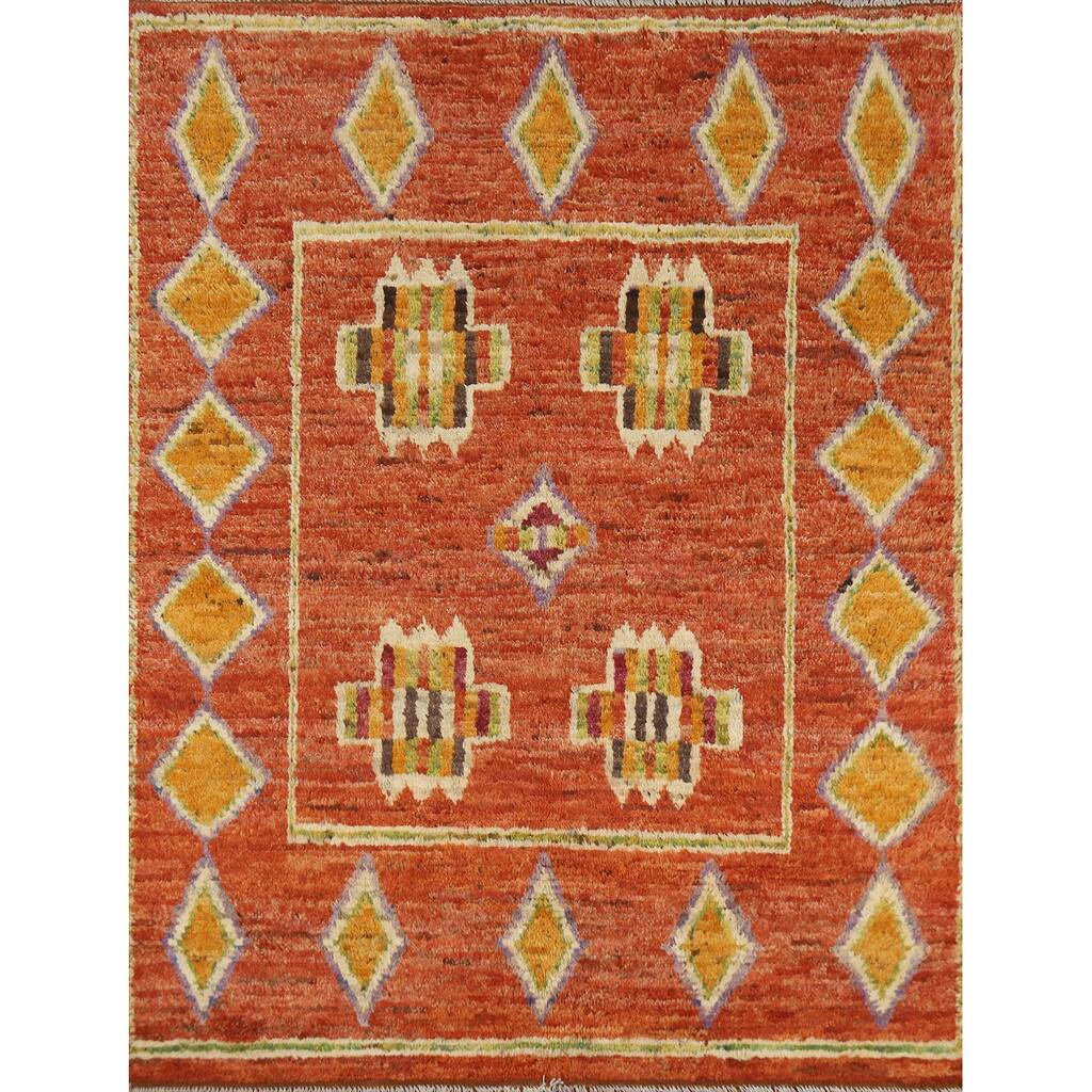 Orange Geometric Moroccan Rug Hand-Knotted Wool Carpet - 5'3" x 6'6"