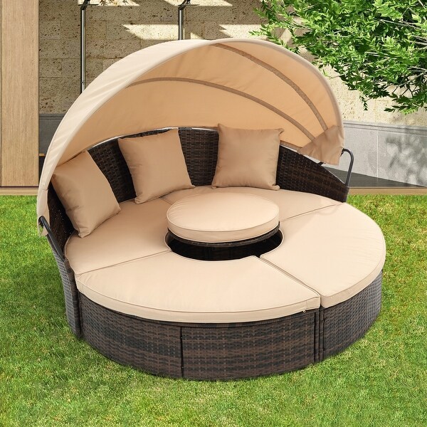 Rattan Round Lounge Chair with Canopy Outdoor Daybed Wicker Garden Sofa Bed with Lift Coffee Table for Backyard Pool Bed Bath Beyond 37827688