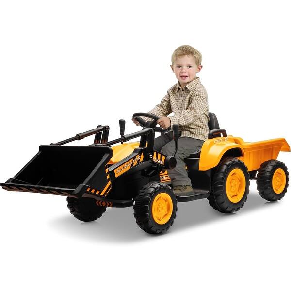 slide 2 of 28, 3 in 1 12V Kids Ride on Tractor, Ride on Bulldozer with Detachable Trailer Yellow