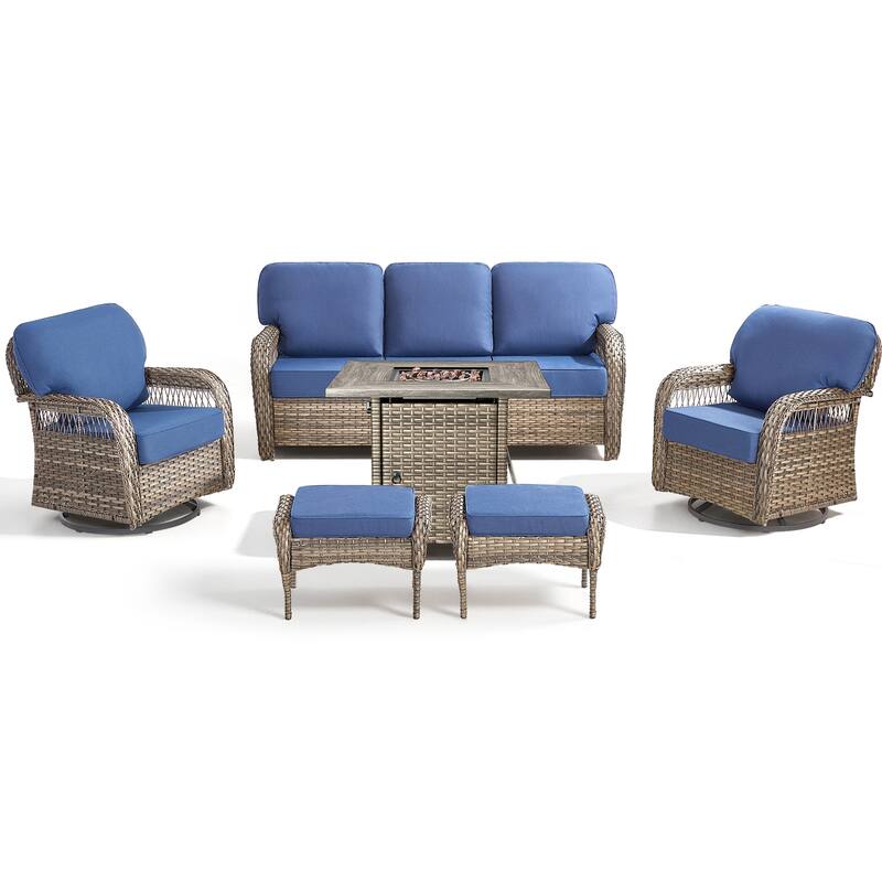 Pocassy Outdoor Sofa Ottoman Swivel Chair Table with Fire Table Funiture Set.