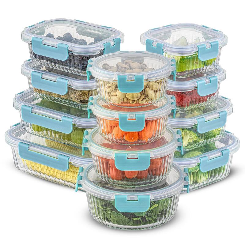 JoyJolt 24-Piece Fluted Glass Food Storage Container Set with Lids - 13.5 oz. 20.5 oz. 32 oz. 5.2 in. 5.9 in. 6.75 in. - Blue