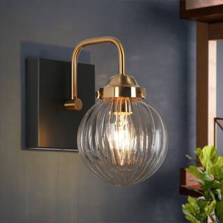 Modern Glam 1-Light Black Gold Wall Sconce Bathroom Vanity Lights with Clear Ribbed Glass Globe Shade - L 4.7" x W 7" x H 7.5"