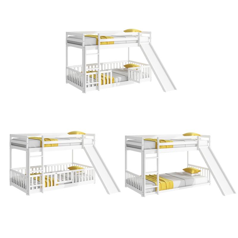Twin Over Twin Low Pine Wood Bunk Bed with Guardrails, Slide and Ladder for Kids, No Slats Toddler Floor Bed with Fence and Door