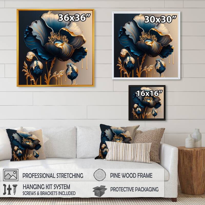 Designart "Deep Blue And Gold Single Flower V" Floral & Botanical Framed Canvas Art Print