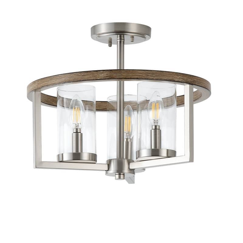 Farmhouse Semi Flush Mount Ceiling Light Rustic 3 Light Brushed Nickel Fixture with Clear Glass Shades