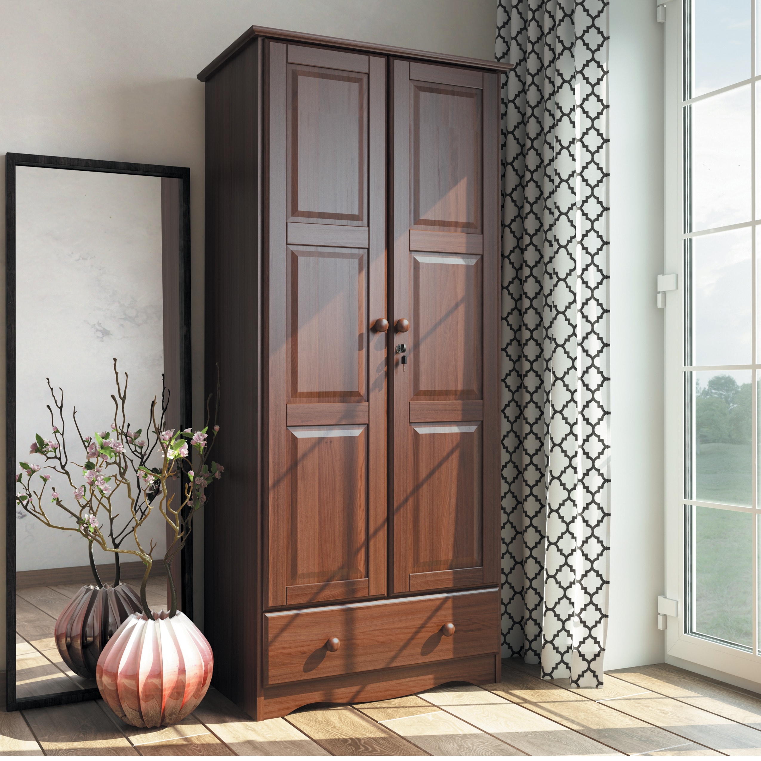 Palace Imports 100% Solid Wood Cosmo 3-Door Wardrobe Armoire with Solid Wood or Mirrored Doors