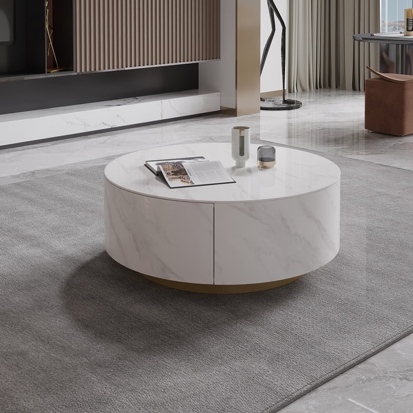 Modern Round Coffee Table with 2 Drawers, Sintered Stone Tabletop and Golden Base - On Sale - Bed Bath & Beyond