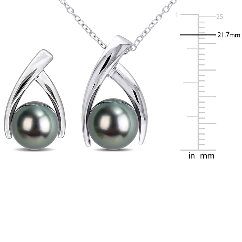 Miadora 8-8.5mm 9-10mm Cultured Tahitian Pearl Crisscross Necklace Earrings Set Sterling Silver