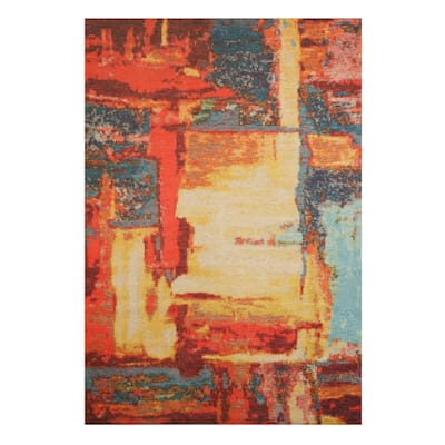 Red Machine-Made Polyester Distressed Bohemian Moderno Art Rug by , Trendy and Durable Area Rug for Adding Bold