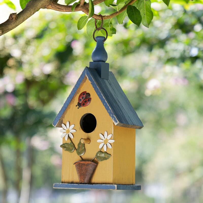 Glitzhome 12.25"H Washed Yellow Distressed Solid Wood Cottage Garden Birdhouse with Bees and Flowers