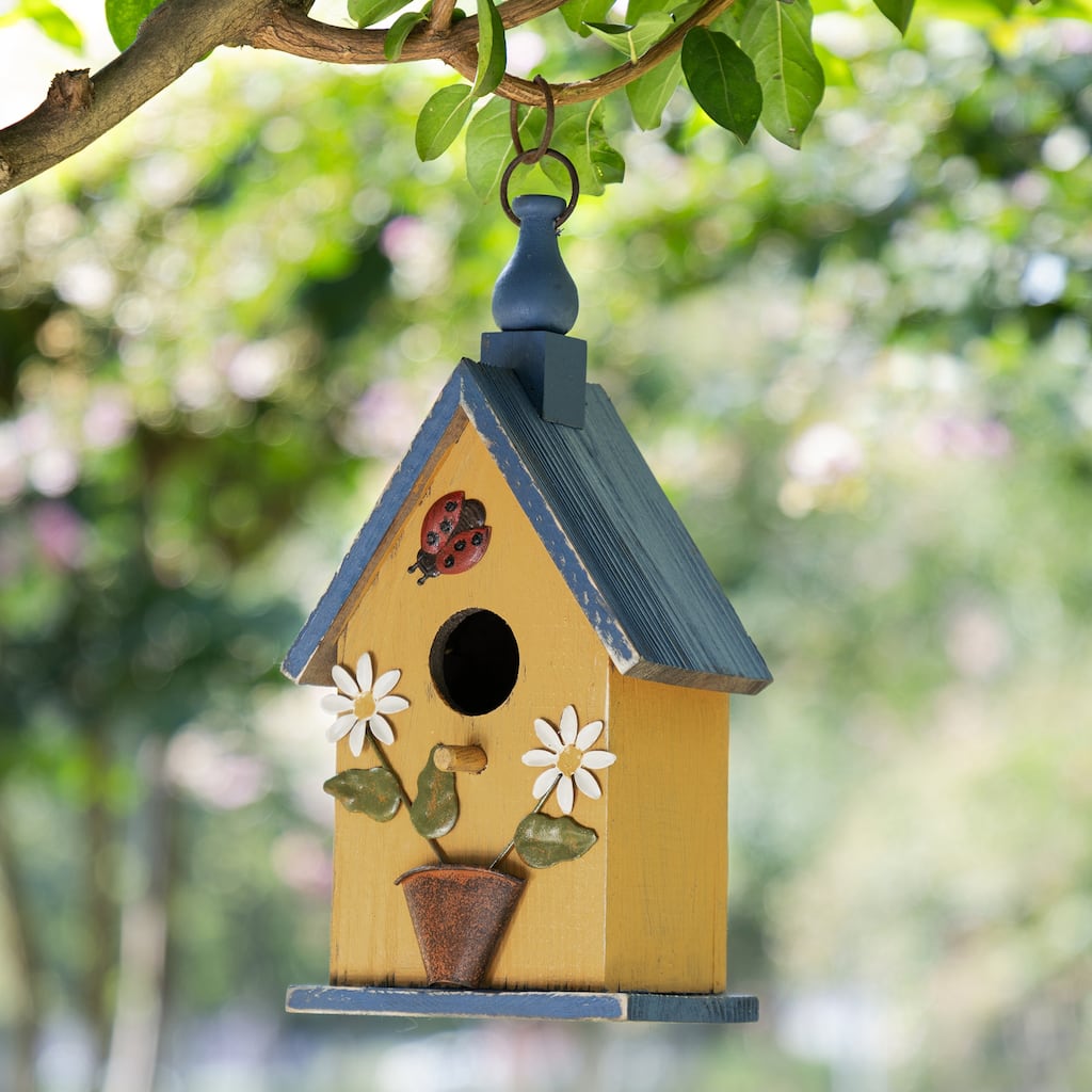 Glitzhome 12.25"H Washed Yellow Distressed Solid Wood Cottage Garden Birdhouse with Bees and Flowers
