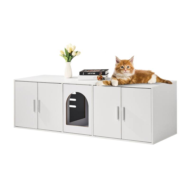 57.9" Wooden Hidden Cat Litter Box Enclosure Furniture, White