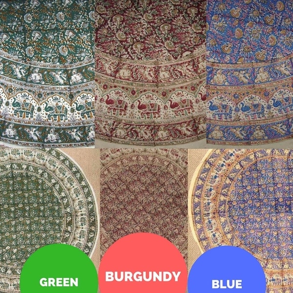 Handmade Hand Block Print Tablecloth 100% Cotton 72" Round Available in three colors - Burgundy & Green & Blue