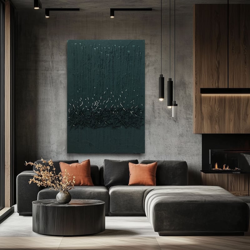 Teal Green Charcoal Hand Painted Abstract Modern Textured Canvas Art - Green