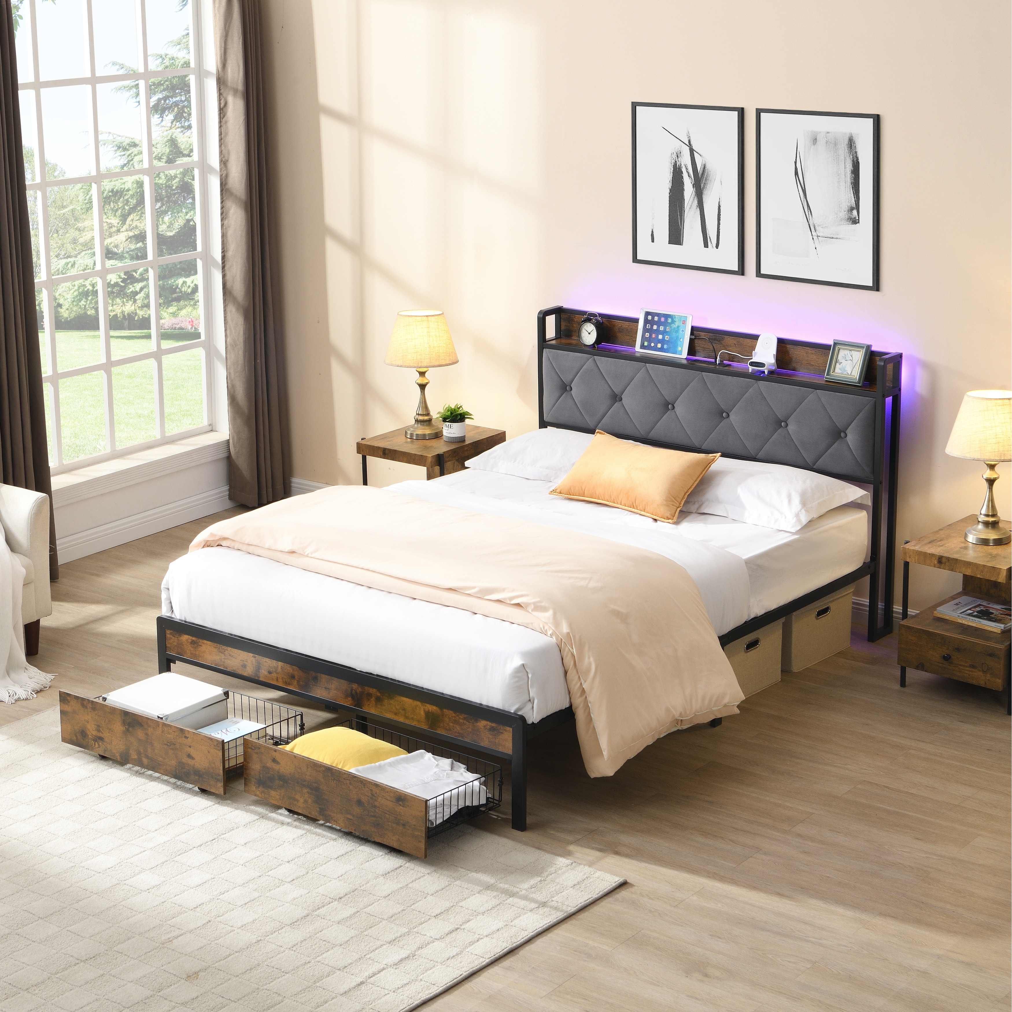 Full Size Storage Bed Frame with LED Lights Upholstered Headboard & 2 Drawers, USB & Charging Station, Grey