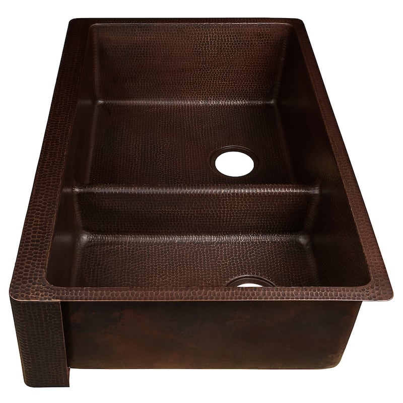 33-in Hammered Copper Kitchen Apron 60/40 Double Basin Sink with Short 5-in Divider w/ Accessories (KSP3_KA60DB33229-SD5)