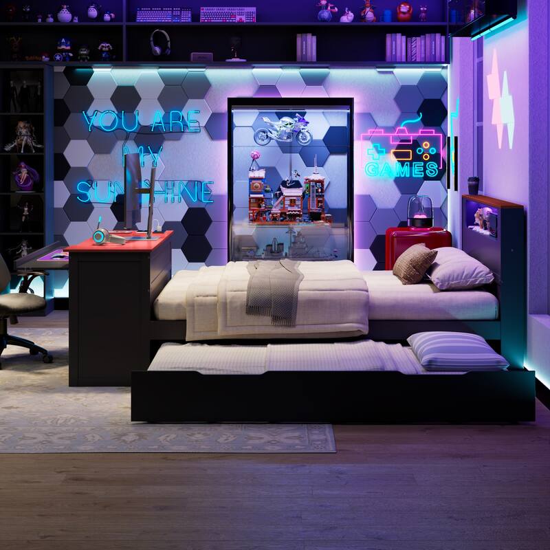 Wood Daybed with Trundle & Built-in Desk, LED Lights & USB Charging Port, Available in Full or Twin