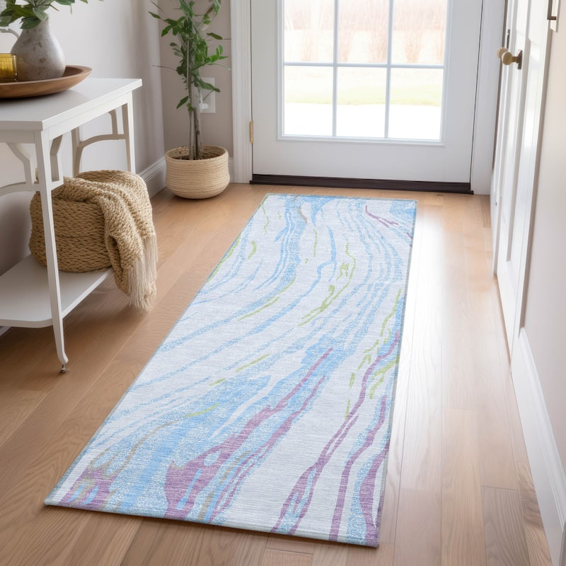 Machine Washable Indoor/ Outdoor Modern Wave Chantille Rug - Sky - 2'3" x 7'6"