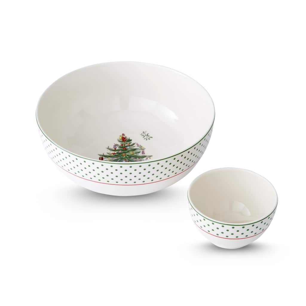 Spode Christmas Tree Polka Dot 2 Piece Tiered Chip and Dip - 10" L x 10" W x 4" H