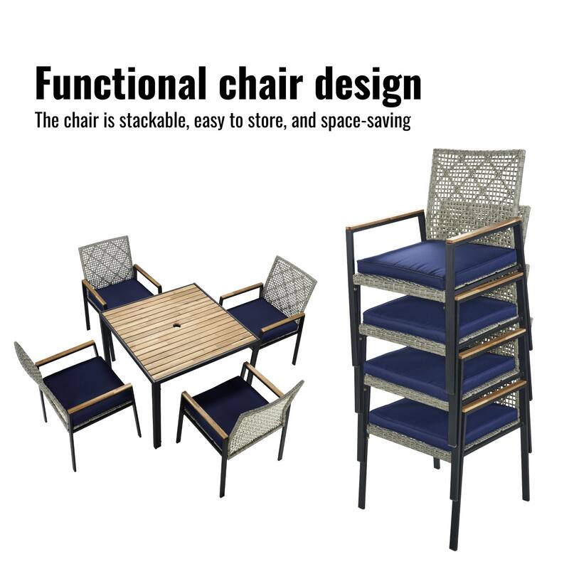 All Weather 5-Piece Patio Dining Table Sets, Patio Conversation Set Acacia Wood Table Top with Umbrella Hole, Rattan Outdoor