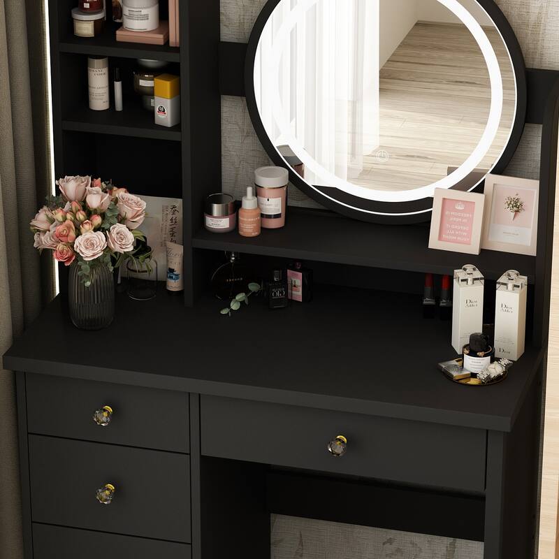 31.5'' W Makeup Vanity Set with Stool and Mirror LED Light Dressr