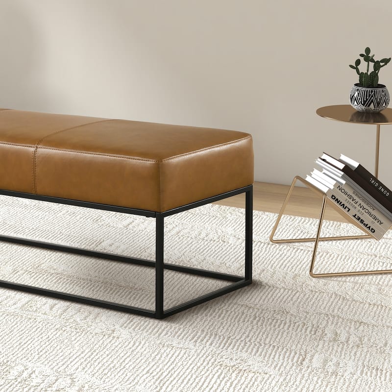 Vinta 48" Wide Mid Century Modern Tan Leather Bench with Metal Frame