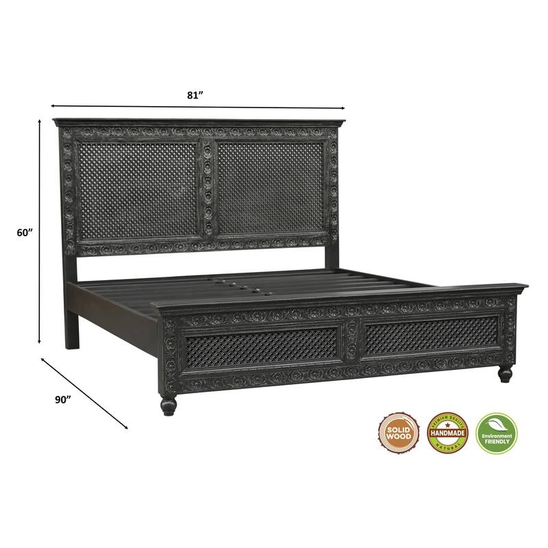 Edmond Hand-Carved Solid Mango Wood King Bed with Floral Cutout Panels
