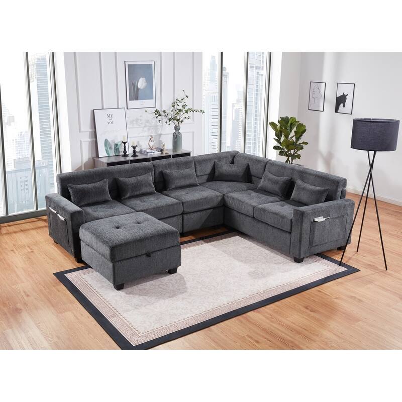 Trey 115"W Gray Chenille Sectional with Adjustable Backrest, Charging Ports, Pockets, Tufting, Storage Ottoman, Throw Pillows