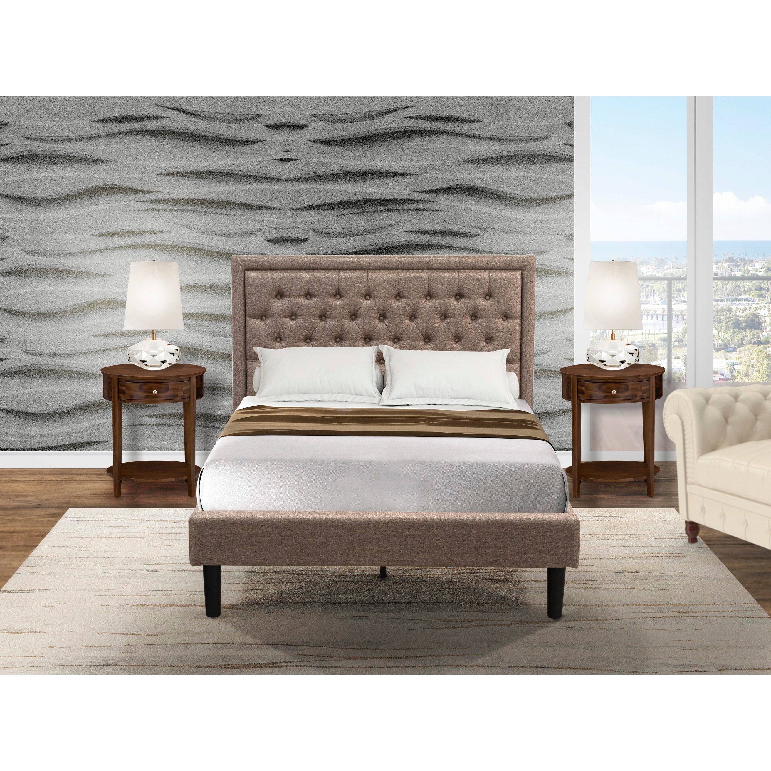 East West Furniture 3 Piece Bed Set Platform Bed Frame Dark Khaki Headboard with 2 nightstands Bed Size Options