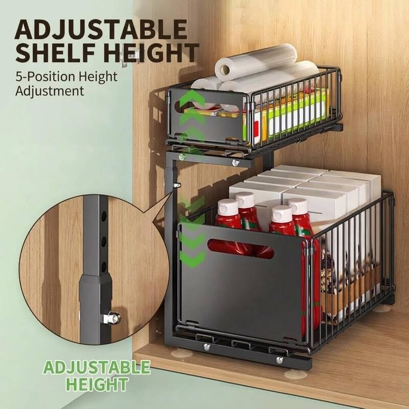 2-Tier Adjustable Under Sink Organizer with Pull-Out Drawers for Kitchen