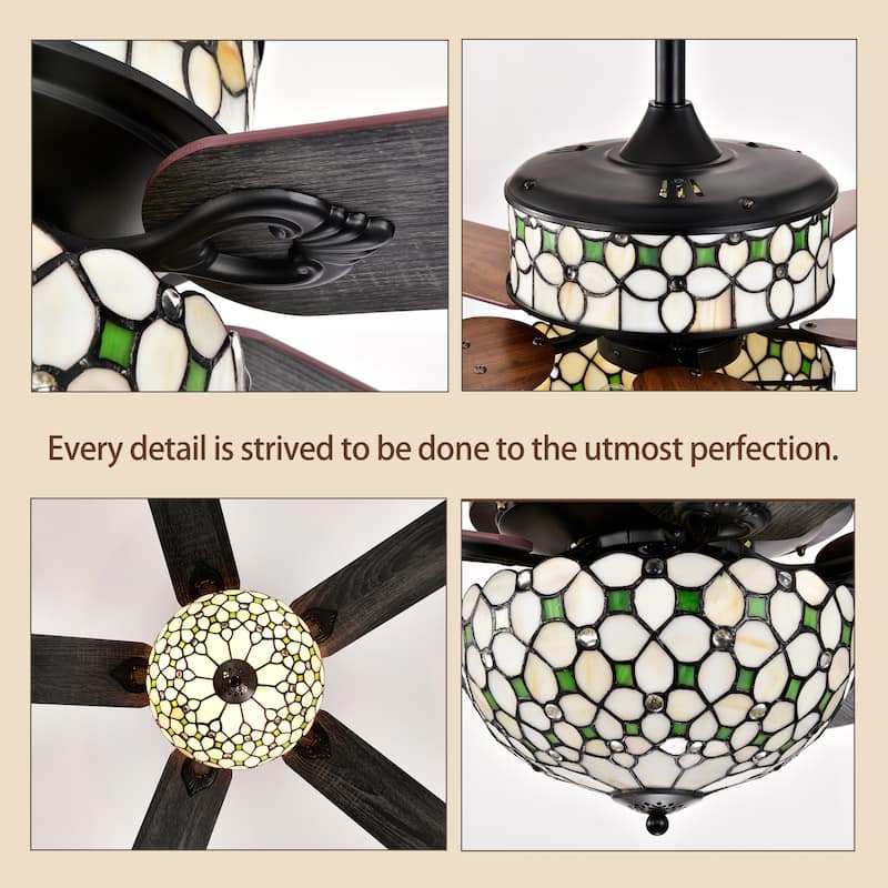 Guarvey 52-Inch Flushmount Two-Tiered Lighted Ceiling Fan Ivory Tiffany Glass Lamp Black Finish