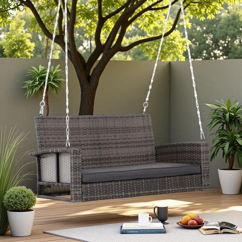 Wicker Hanging Swing Bench with Cushions and Outdoor 2-Person Porch Chair (550lb Capacity)