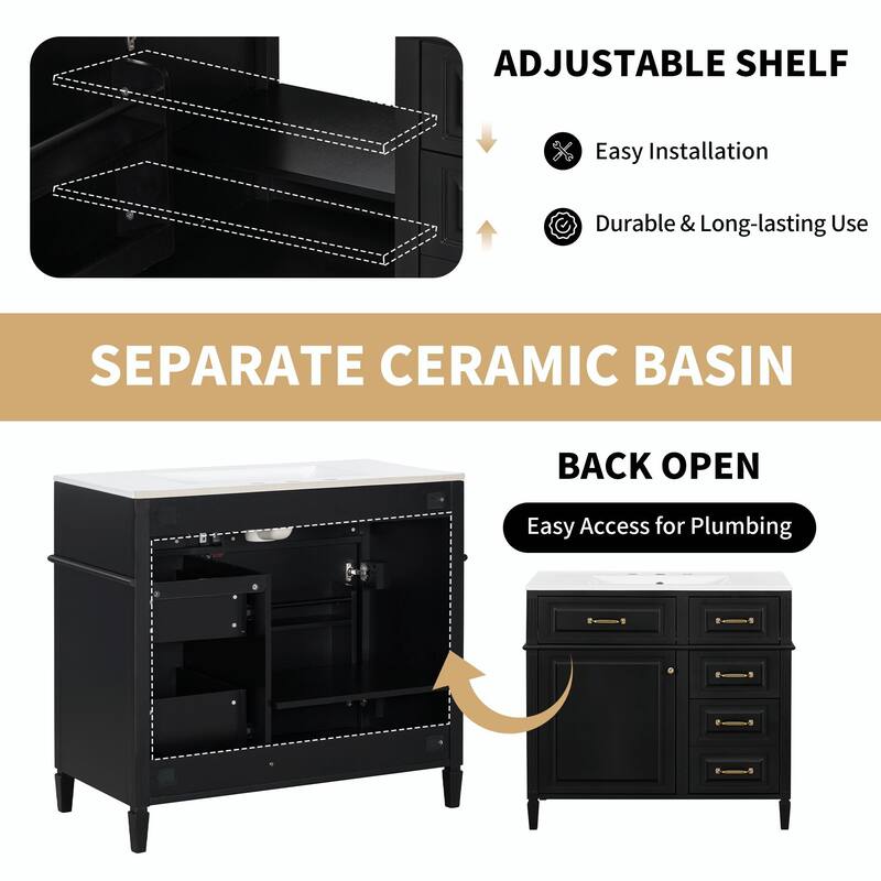 36-Inch Bathroom Vanity with Ceramic Sink Top, Solid Wood Frame and MDF Cabinet