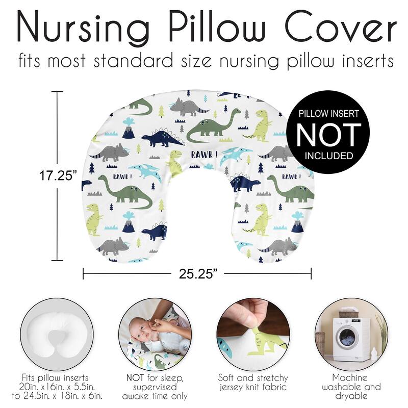 Sweet Jojo Designs Mod Dino Nursing Breastfeeding Pillow Cover Case (Pillow Not Included) Blue Green Grey Modern Dinosaur