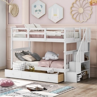 Twin-over-Twin Bunk Bed with Three Drawers and Storage Stairway