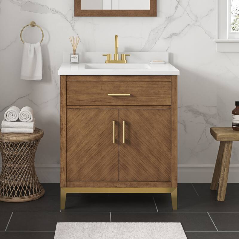 Diya Undermount Single Sink Bathroom Vanity with White Engineered Marble Top - 30" - Macchiato